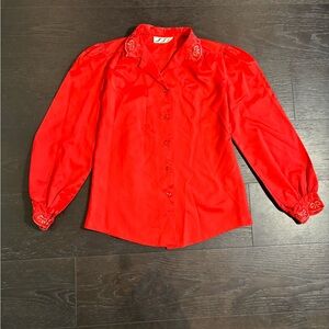 Red Coquette Bow Button-Up Blouse - Size 6 (estimated)